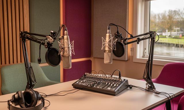 Podcaststudio aan het Stieltjeskanaal in Coevorden met microfoons, koptelefoons en warme sfeerverlichting
