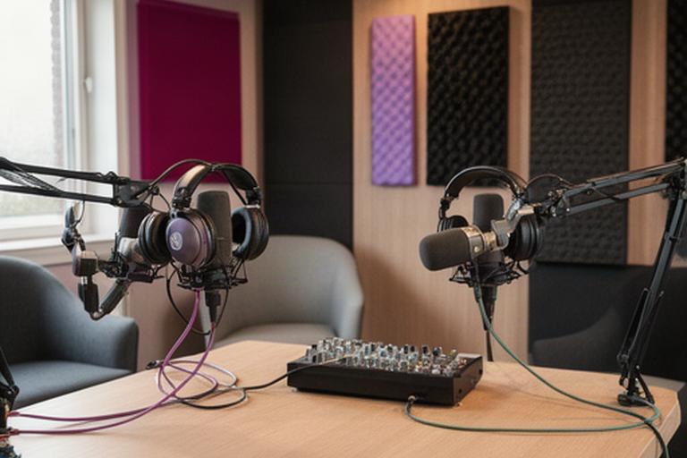 Podcaststudio aan het Stieltjeskanaal in Coevorden met microfoons, koptelefoons en akoestische wandpanelen